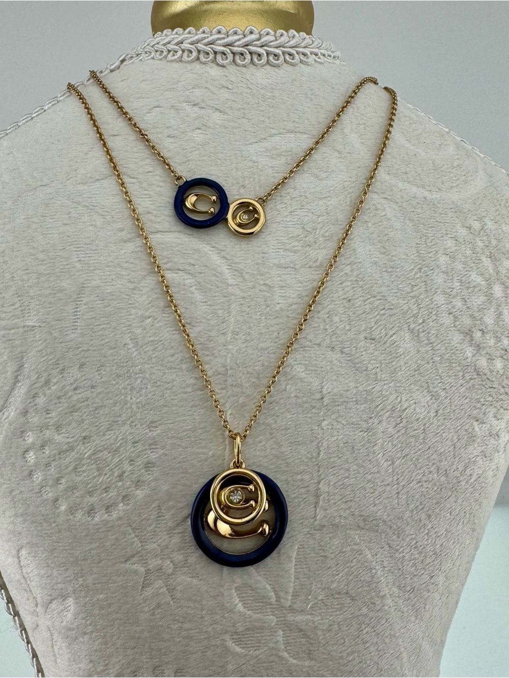 2 Coach Gold-Tone Necklace with Navy Enamel Double Circle Pendants short / long